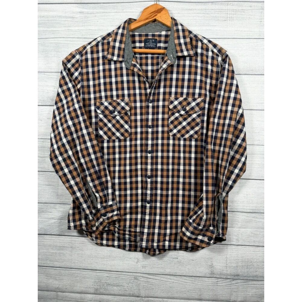 J.Crew Men's XL Heavyweight Flannel Brown Navy Plaid Cotton Shirt 4434